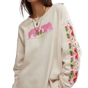 We The Free Cream Sweatshirt with Pink Bear and Floral Embroidery
